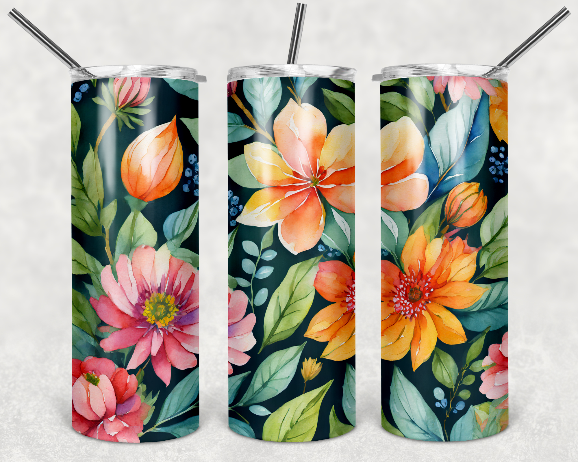 Flower Tropical 20oz Skinny Tumbler Sublimation Personalized With Straw and Lid