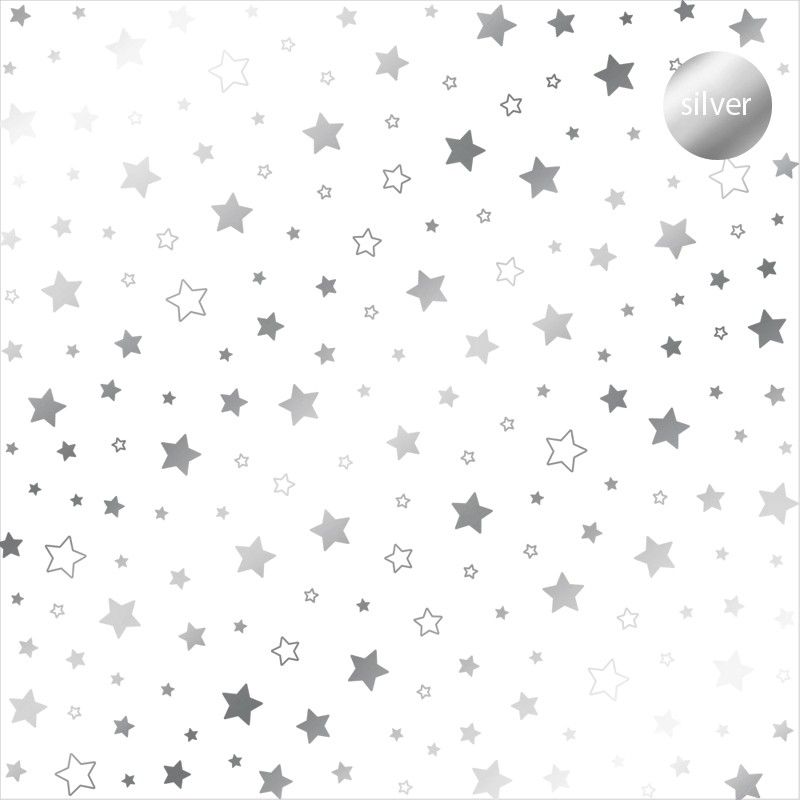 12 '' x 12 '' acetate sheet. 250 microns. Stamped with silver, gold and copper foil. Stars pattern.