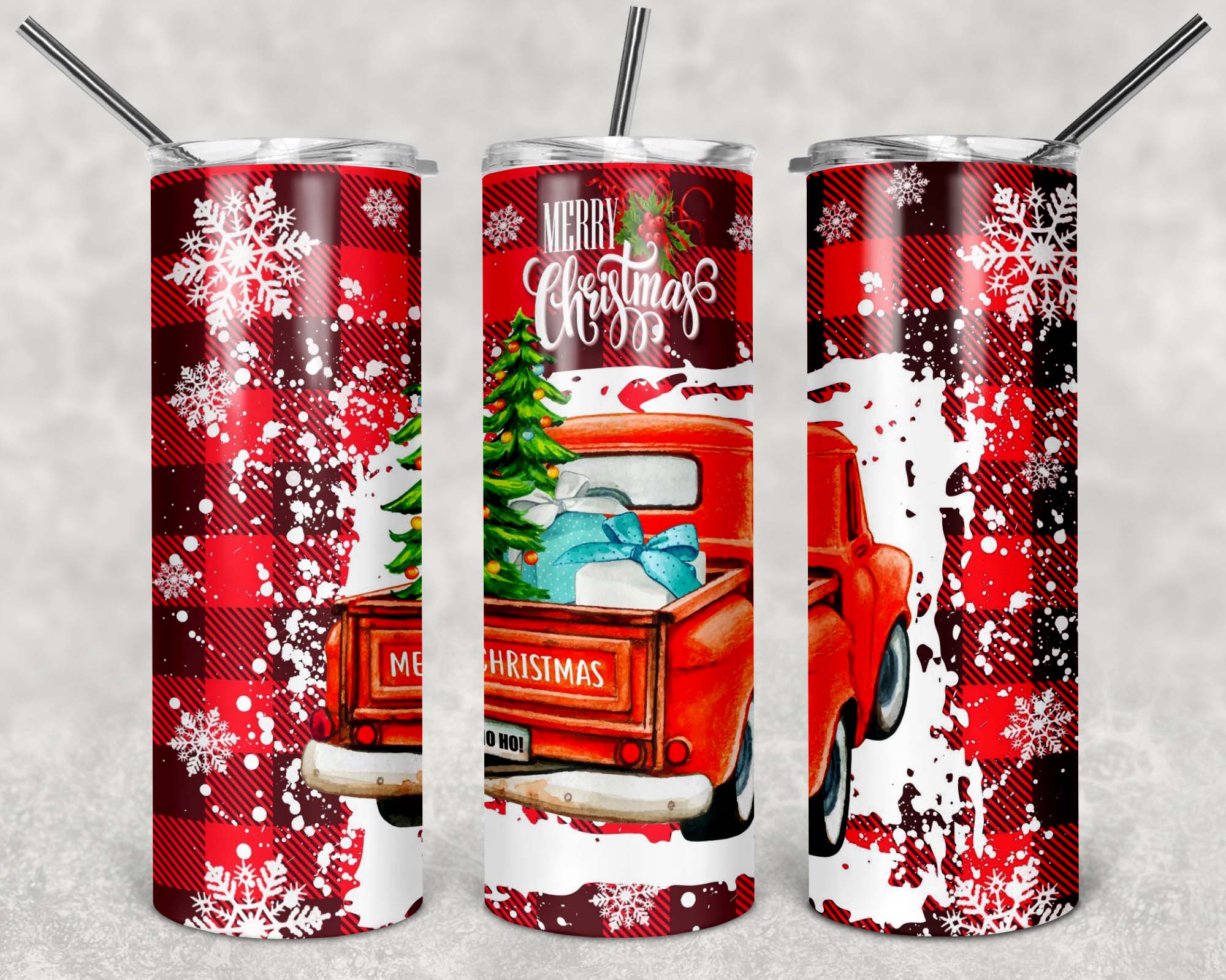 Merry Christmas Red Truck Buffalo 20oz Skinny Tumbler Sublimation Designs