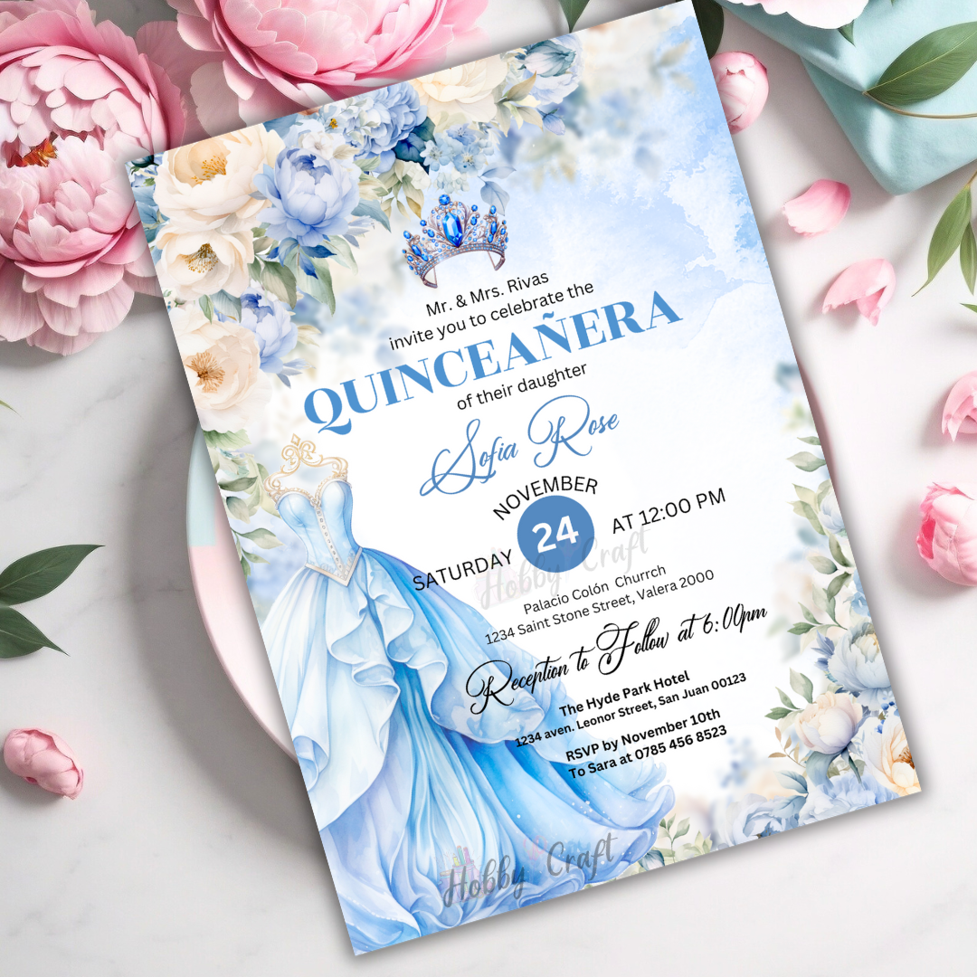 Blue Dress Quinceañera Invitation | Blue Flower 15th Birthday Party Invite Template | Instant Download Printable