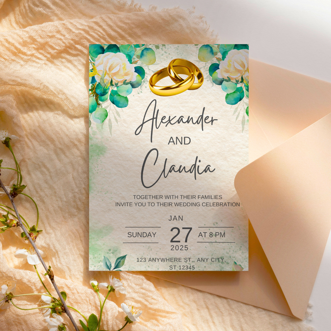 Floral Ring Wedding Invitations, Instant Download Printable