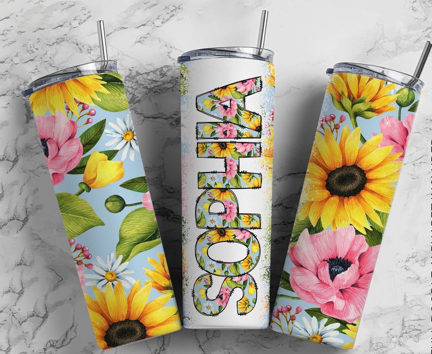 Sunflower 20oz Skinny Tumbler Sublimation Personalized With Straw and Lid