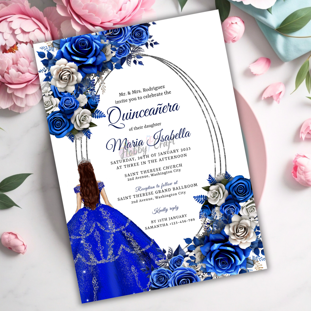 Blue Dress Quinceañera Invitation | Blue Flower 15th Birthday Party Invite Template | Instant Download Printabl