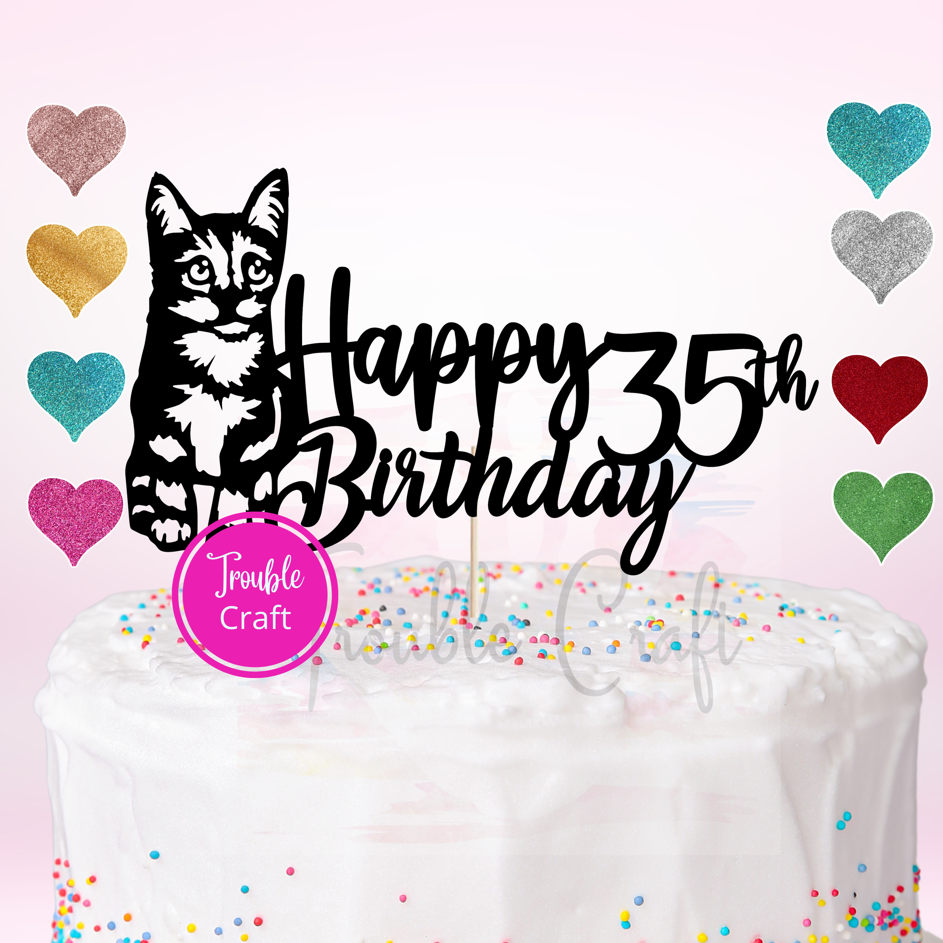 Cake Topper Gato- Decoración Para Tarta De Cumpleaños | Color Glitter Personalizado